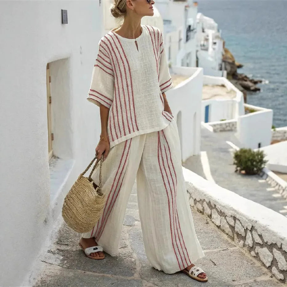 Breathable Casual Set Striped Cotton Print Tee Set Comfortable Lightweight Wideleg Pants Set Summer Two Piece Relaxed Outfit